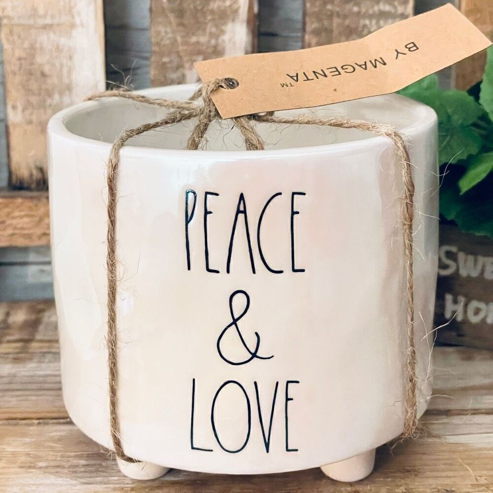 NWT Rae Dunn Gorgeous Iridescent White off / Ivory  “PEACE & LOVE” flower pot